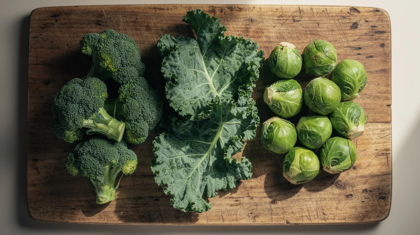 The image features fresh broccoli, kale, and Brussels sprouts artfully arranged on a wooden cutting board, highlighting these nutrient-rich cruciferous vegetables known for their potential health benefits, including natural estrogen blockers that may help regulate estrogen levels in the body. These vegetables are often included in diets aimed at promoting hormonal balance and supporting overall health.