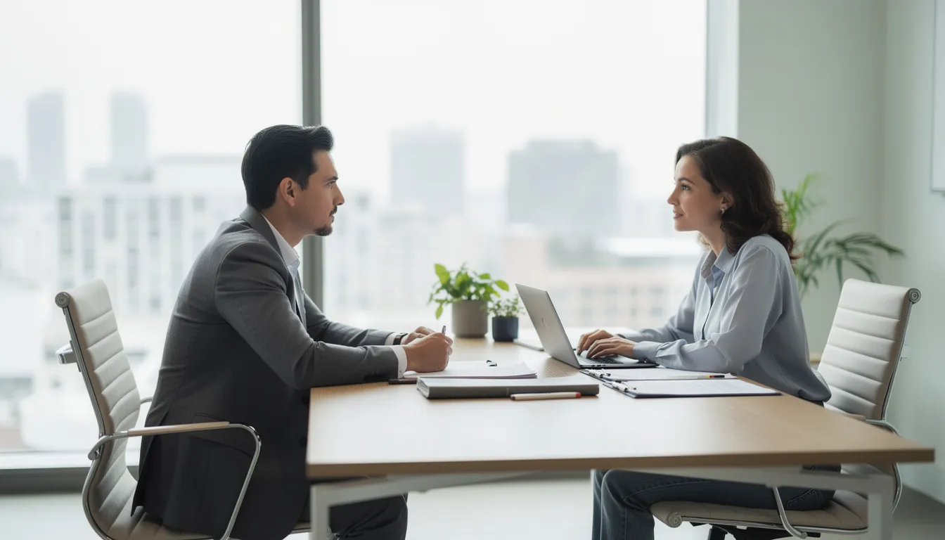 The image depicts two individuals engaged in a professional consultation meeting at an office, discussing important matters related to social security disability claims and eligibility criteria for disability benefits. They appear focused and are likely reviewing necessary documentation and medical records to ensure a successful application process.