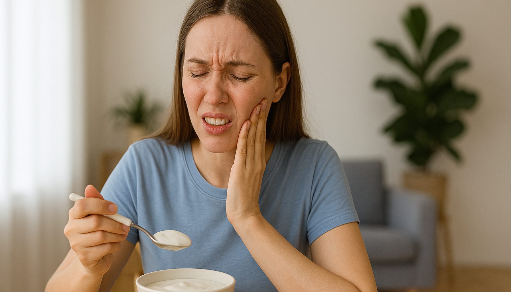 Kvinne med tannverk spiser yoghurt forsiktig etter tanntrekking, holder seg til kinnet og viser tydelig ubehag ved spisebordet.