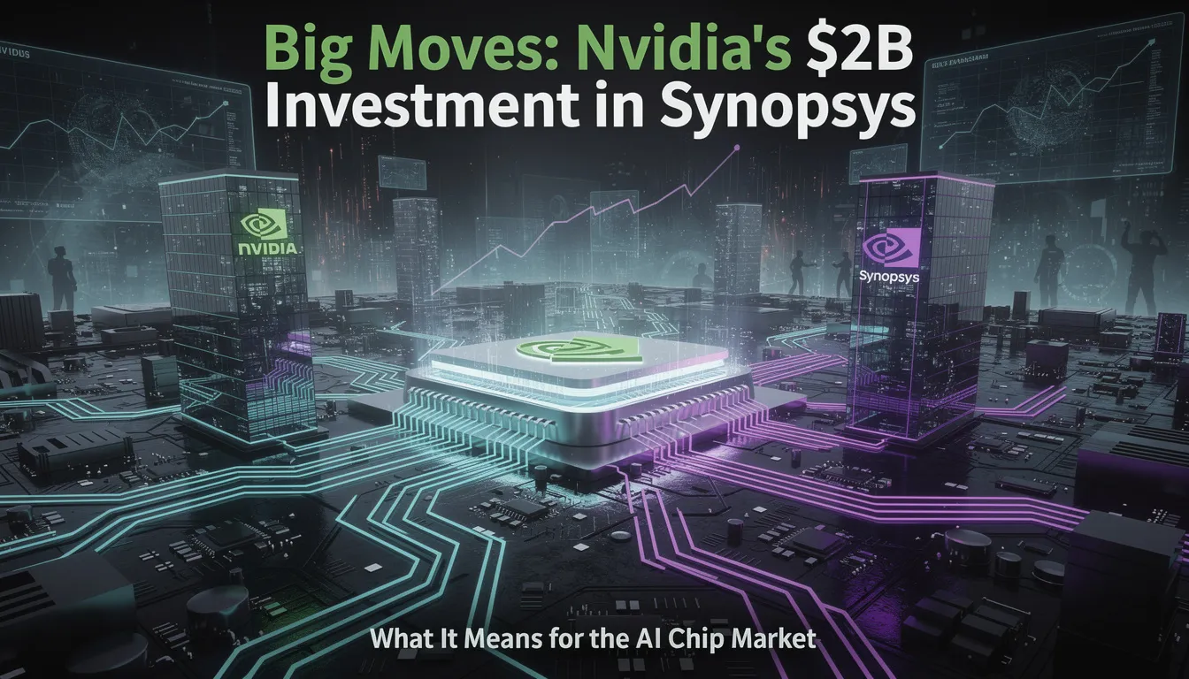 The image depicts Nvidia CEO Jensen Huang announcing Nvidia's $2 billion investment in Synopsys, highlighting the strategic partnership aimed at enhancing chip design and electronic design automation (EDA) tools for AI chips. This investment is anticipated to accelerate the development of intelligent products and improve the efficiency of the chip design process in the semiconductor industry.