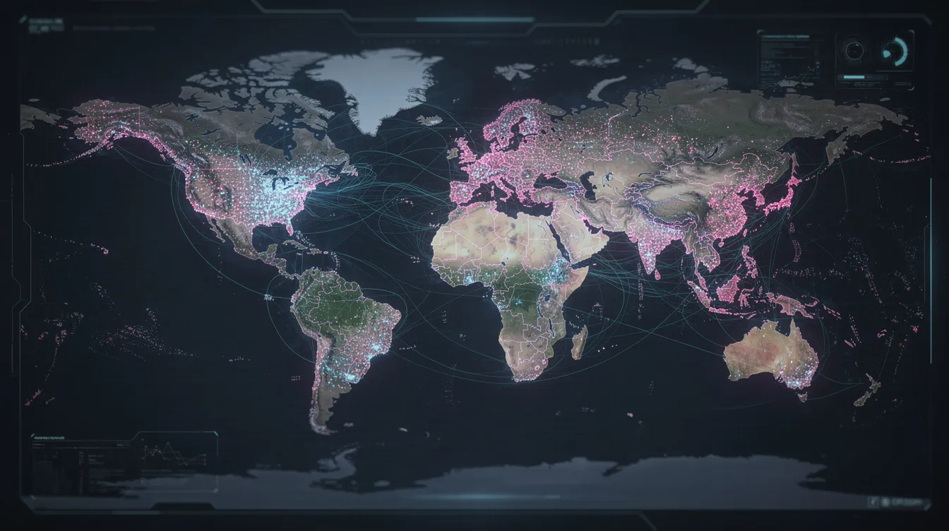 The image depicts a world map illuminated by glowing digital connection points linking major cities, symbolizing the interconnectedness of global financial services and the rise of digital banking. This visual representation highlights the growing influence of neobanks and their comprehensive banking services, facilitating international money transfers and everyday banking without traditional bank constraints.