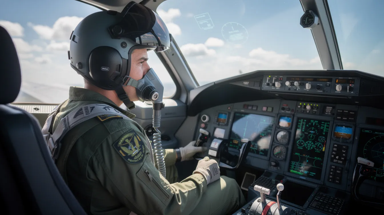 A pilot in a cockpit wearing an oxygen mask during flight training, emphasizing the importance of proper emergency procedures at high altitudes. This training is crucial for pilots operating pressurized aircraft capable of reaching maximum operating altitudes, ensuring they are prepared for simulated rapid decompression scenarios.