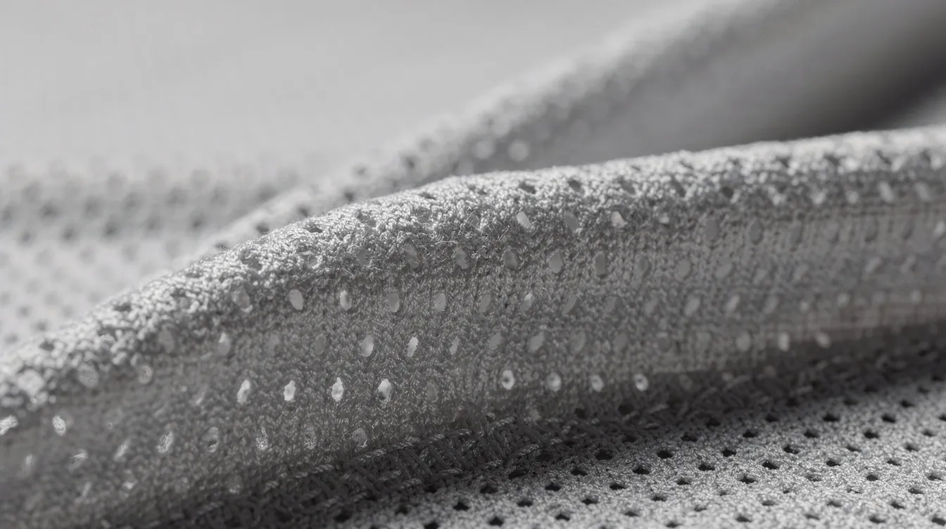 Die Nahaufnahme zeigt ein Sportshirt aus Polyester-Gewebe mit einer gut sichtbaren Stoffstruktur, das auf die Qualität und Verarbeitung hinweist. Diese Art von Trikot könnte für sportliche Aktivitäten oder den Alltag geeignet sein, allerdings zeigen bereits Fadenzüge, dass das Material anfällig für Abnutzung ist.