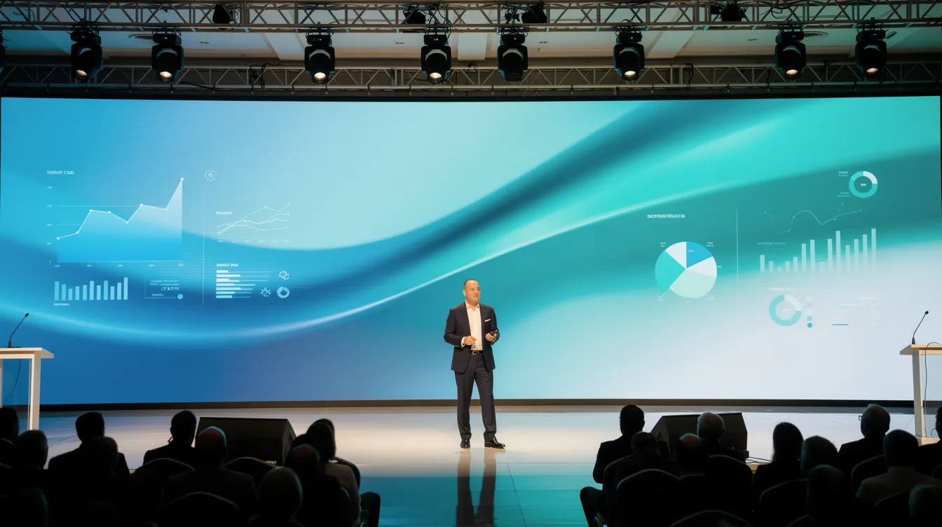 A large LED video wall is prominently displayed behind a keynote speaker on a corporate conference stage in a ballroom, providing high-resolution visuals that enhance the event experience. This setup showcases the capabilities of mobile LED displays, making it an ideal solution for corporate events and trade shows.