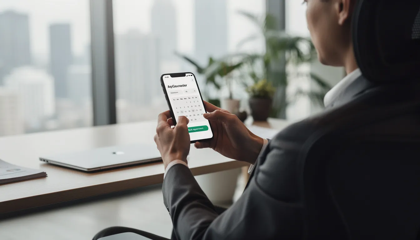 Eine Person sitzt in einem modernen Büro und bucht einen Termin über ihr Smartphone, während sie in einer entspannten Umgebung arbeitet. Der Online Terminplaner ermöglicht eine einfache und effiziente Online Terminbuchung, um Dienstleistungen schnell zu organisieren.