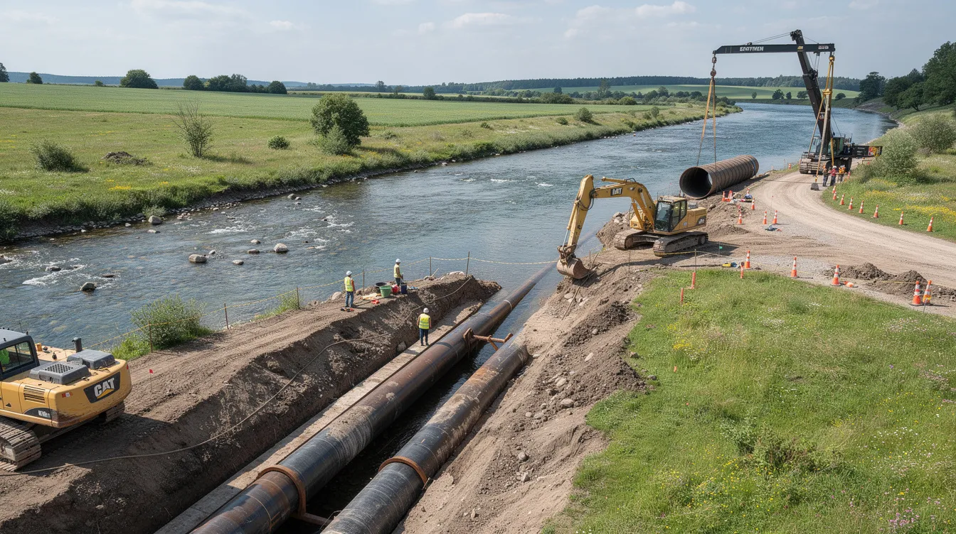 The image depicts a pipeline crossing under a shallow river in a rural area, surrounded by grassy fields and construction equipment, highlighting the ongoing oil and gas development in the region. This scene reflects the intersection of environmental considerations and the oil and gas industry, particularly regarding water rights and safety regulations.