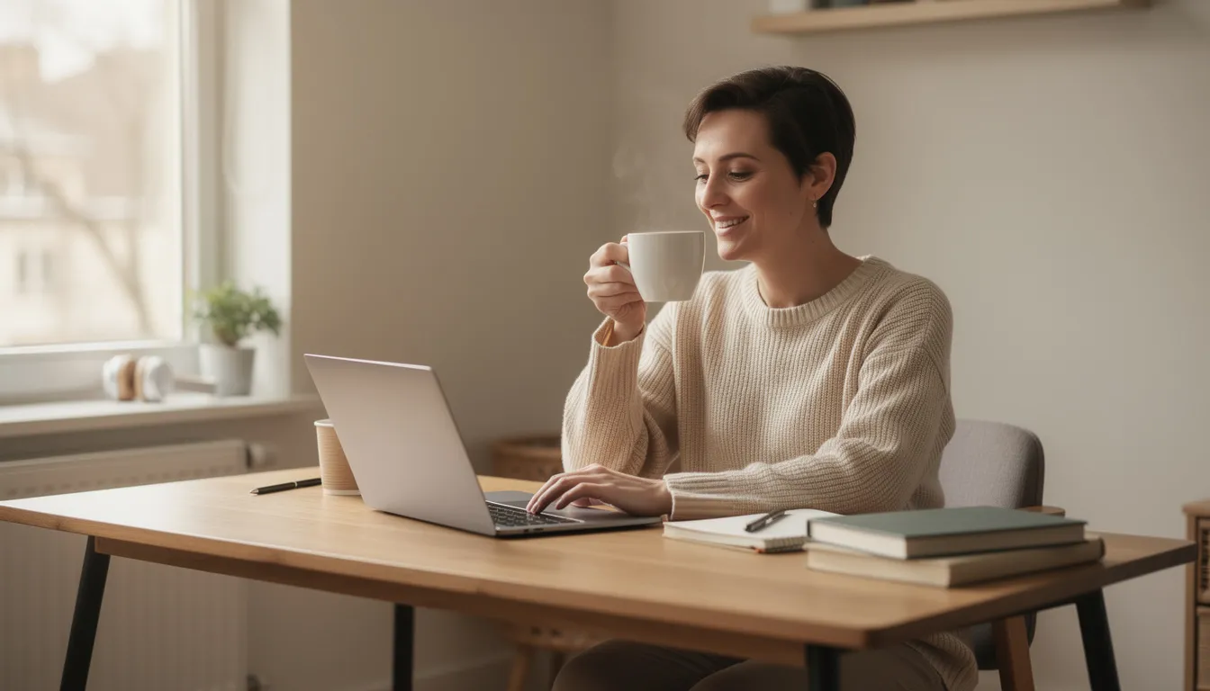 A person is sitting at a desk, enjoying a cup of freshly roasted coffee while working on a laptop, surrounded by coffee bags and notes about their coffee dropshipping business. The scene captures the essence of a productive day, blending the enjoyment of quality coffee with the hustle of running a coffee brand.