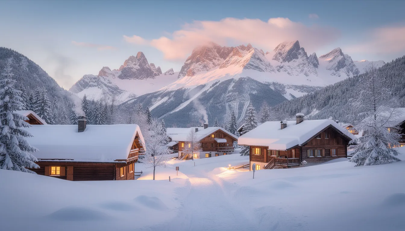 A picturesque snow-covered alpine village features traditional wooden houses nestled among snow-capped peaks, creating a perfect winter wonderland. This serene setting is ideal for winter weekend getaways, inviting outdoor enthusiasts to explore its beauty.