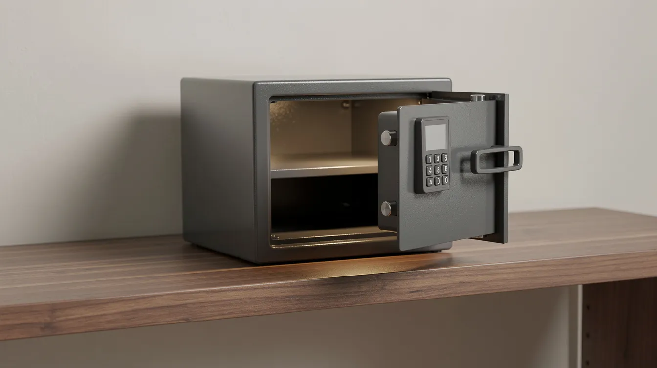 The image shows a small home safe with its door open, resting on a wooden shelf, suggesting a space for securely storing valuables or important documents. This safe could be used to keep personal checks and financial records safe from loss or theft, emphasizing the importance of immediate action if a check is lost or stolen.