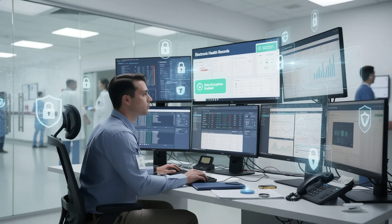 An IT specialist is seen implementing security measures for electronic health records, ensuring compliance with HIPAA regulations to protect individually identifiable health information. The specialist is surrounded by various technological tools and documentation related to risk management programs and workplace safety in the healthcare system.