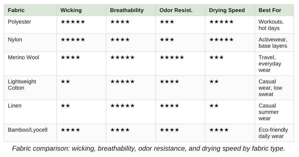 fabric comparison: wicking, breathability, odor resistance, drying speed