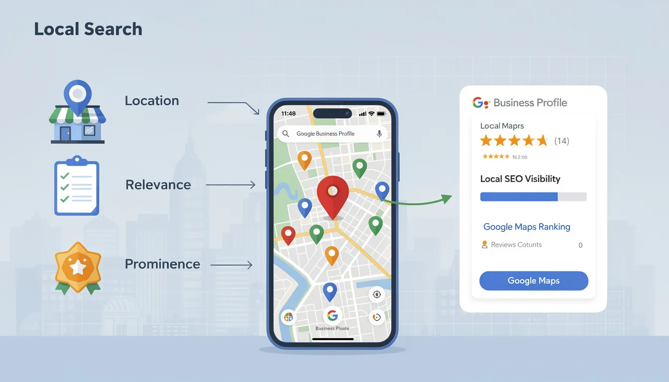 The image illustrates the concept of local search, highlighting the importance of Google Business Profile rankings in determining a business's visibility on Google Maps and local search results. It emphasizes how local SEO efforts and tracking local rankings can help businesses improve their local search presence and outperform local competitors.