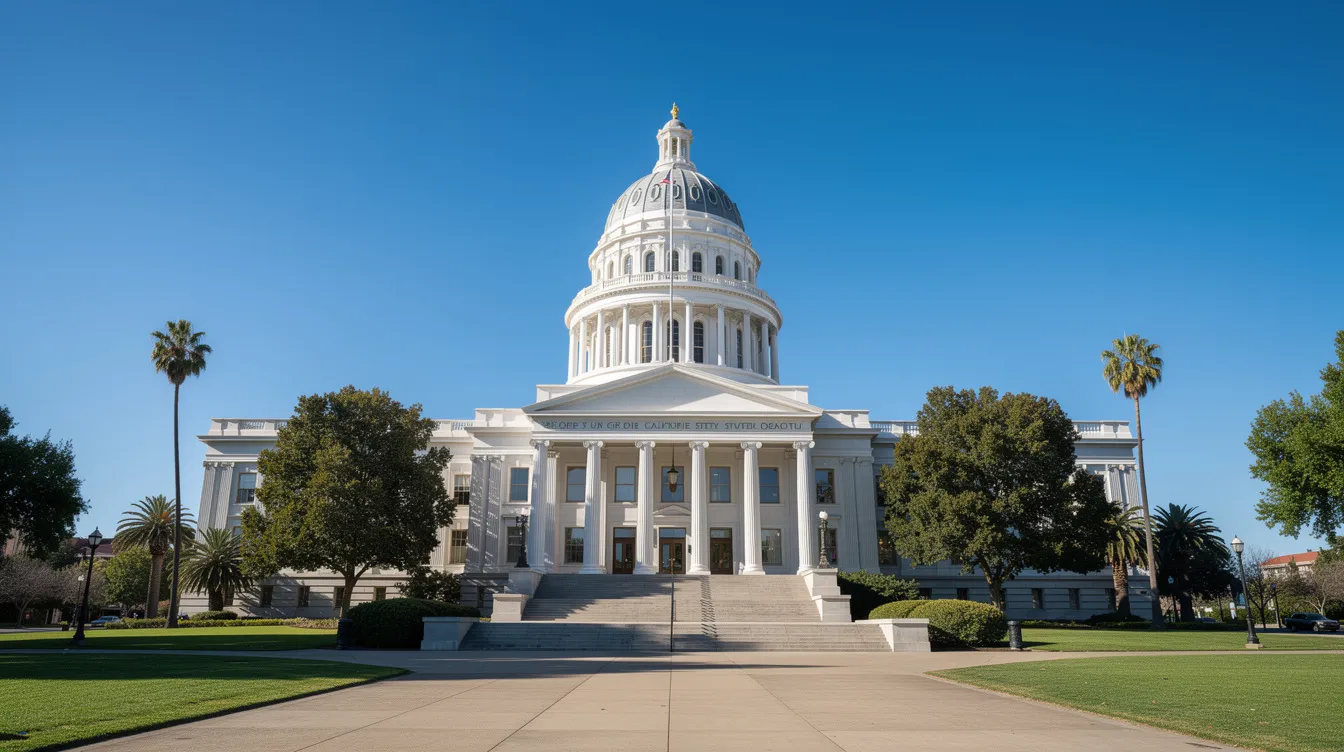 The image depicts the California state capitol building, a grand structure with a white dome and classical architecture, set against a clear blue sky. This iconic landmark symbolizes California's governance and is situated in a state that has established specific regulations regarding hemp derived products and cannabis laws.