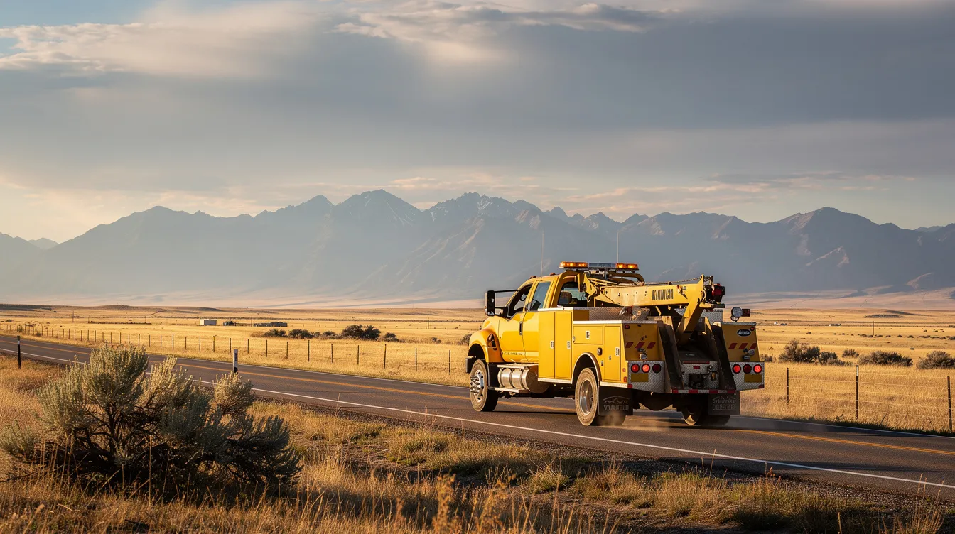 A tow truck is seen driving along a rural highway in Wyoming, surrounded by open plains and distant mountains, symbolizing the challenges faced by those navigating the bankruptcy process, including issues like car repossession and managing secured debts. The serene landscape contrasts with the financial struggles of individuals dealing with bankruptcy filings and the potential for repossession of vehicles.