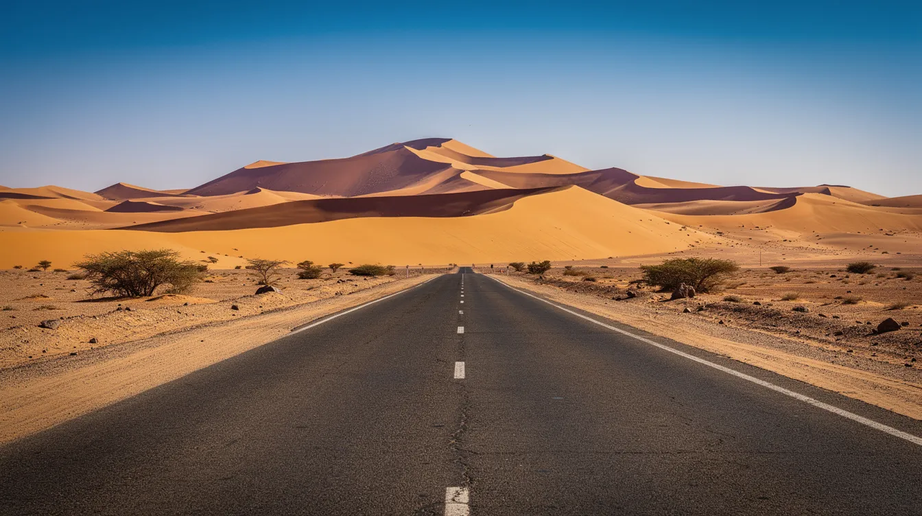 A long, straight desert road leads toward majestic sand dunes under a bright blue sky in Morocco, ideal for a scenic road trip. This picturesque landscape is perfect for those considering car rental options to explore the Sahara Desert and its surrounding beauty.