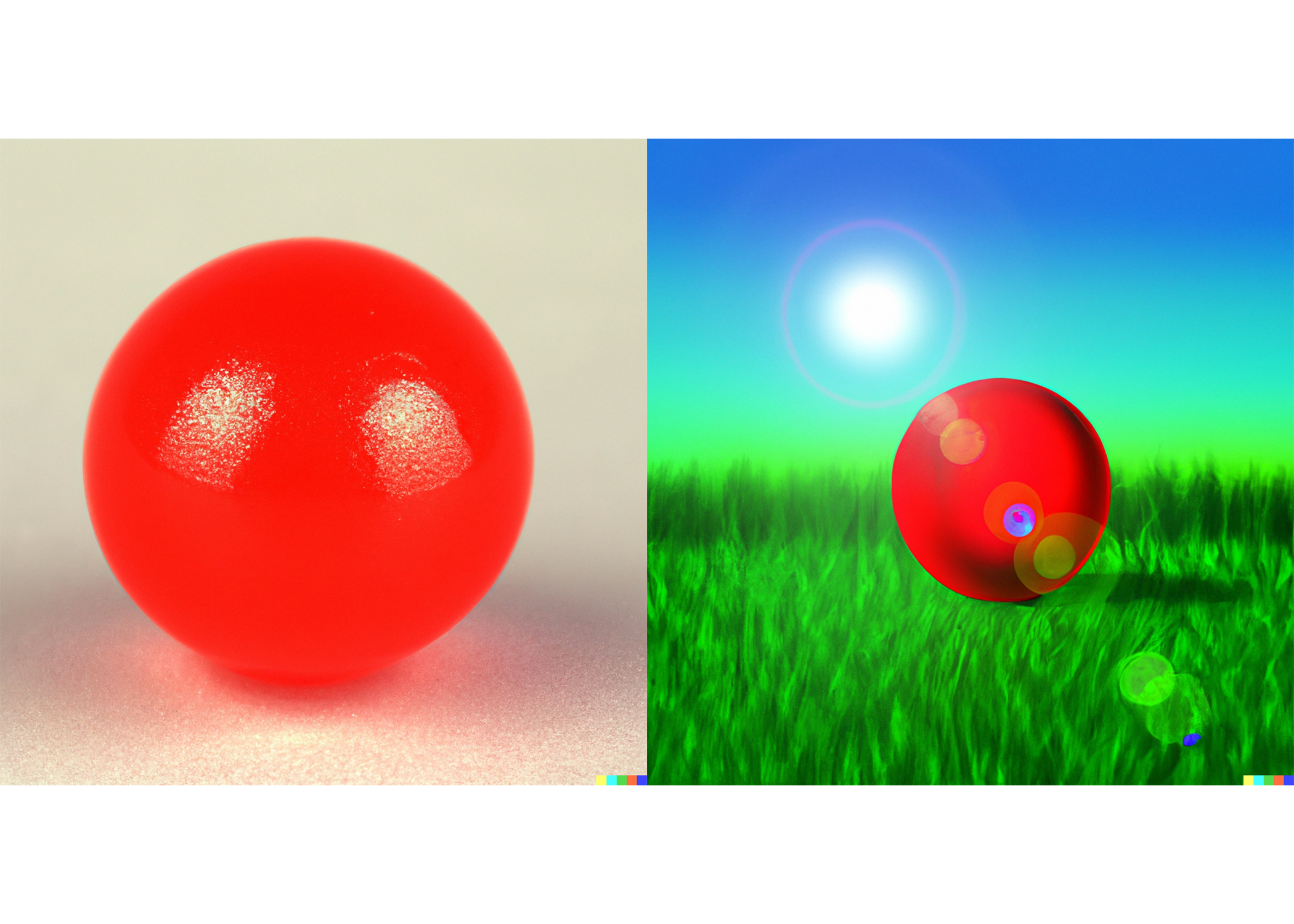 Side by side comparison of two DALL-E images of a red ball with different prompts, one simple the other a ball in a green field