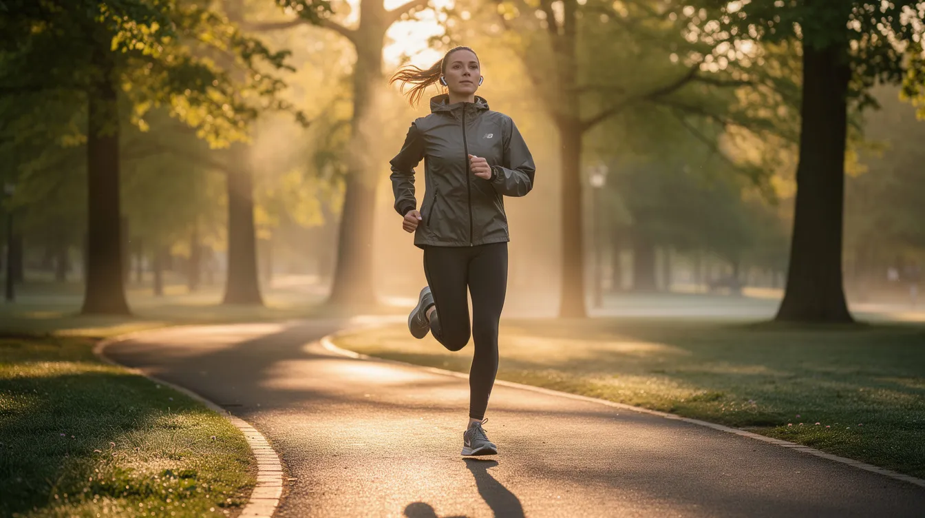 A person jogs along a park path in the early morning, surrounded by greenery and the soft light of dawn. This scene evokes a sense of physical health and well-being, contrasting with the challenges of cannabis withdrawal symptoms that some may face during their recovery process.