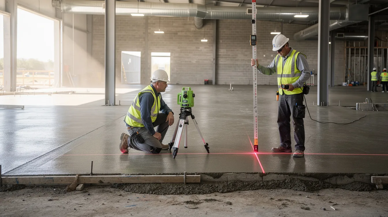 Construction workers using a laser level to check slope on a concrete slab for proper drainage in a commercial facility.