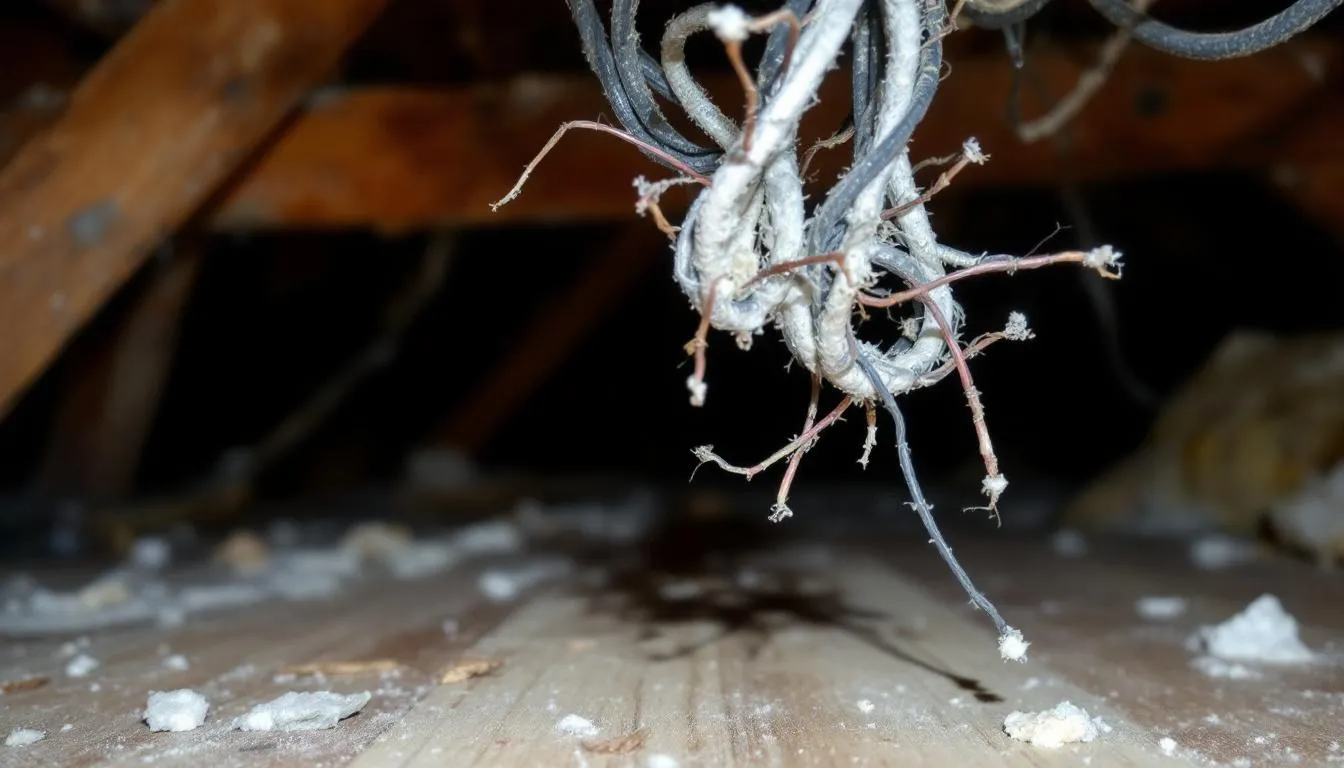 In the image, damaged electrical wiring shows visible chew marks, indicating a rat problem in the home attic. This damage suggests that rats may be attracted to food sources like pet food or trash, highlighting the importance of addressing rodent issues to protect property and health.