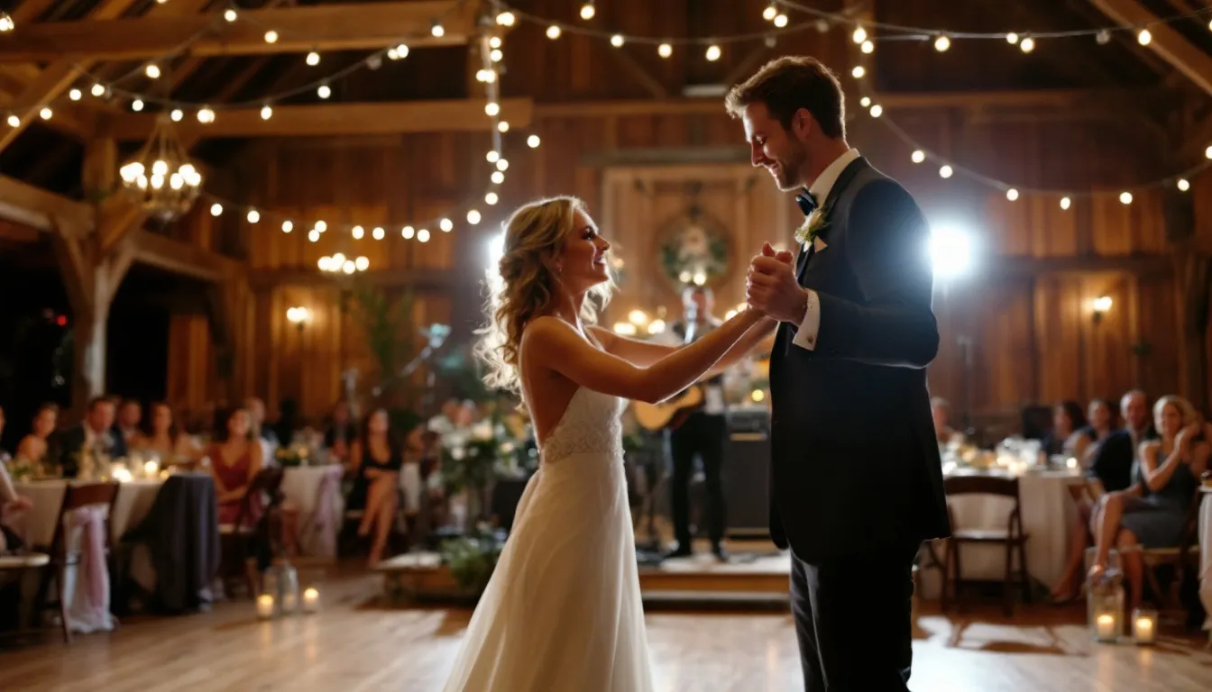 A couple enjoying a classic rock wedding love song during a lively reception.