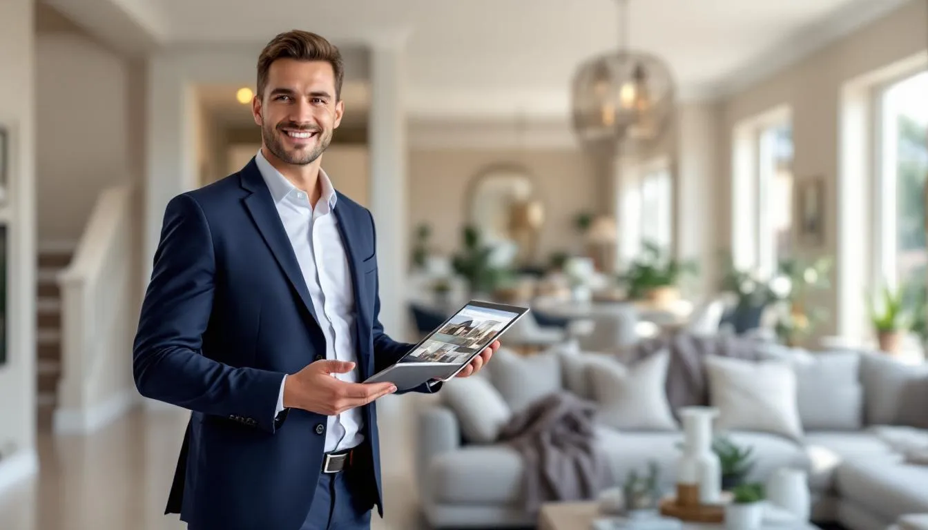 A professional real estate agent is showcasing property details on a tablet to potential buyers, highlighting homes for sale in the Eagle Ridge community of Fort Myers. The agent is providing important information about the listed properties, ensuring accessibility for clients with low vision.
