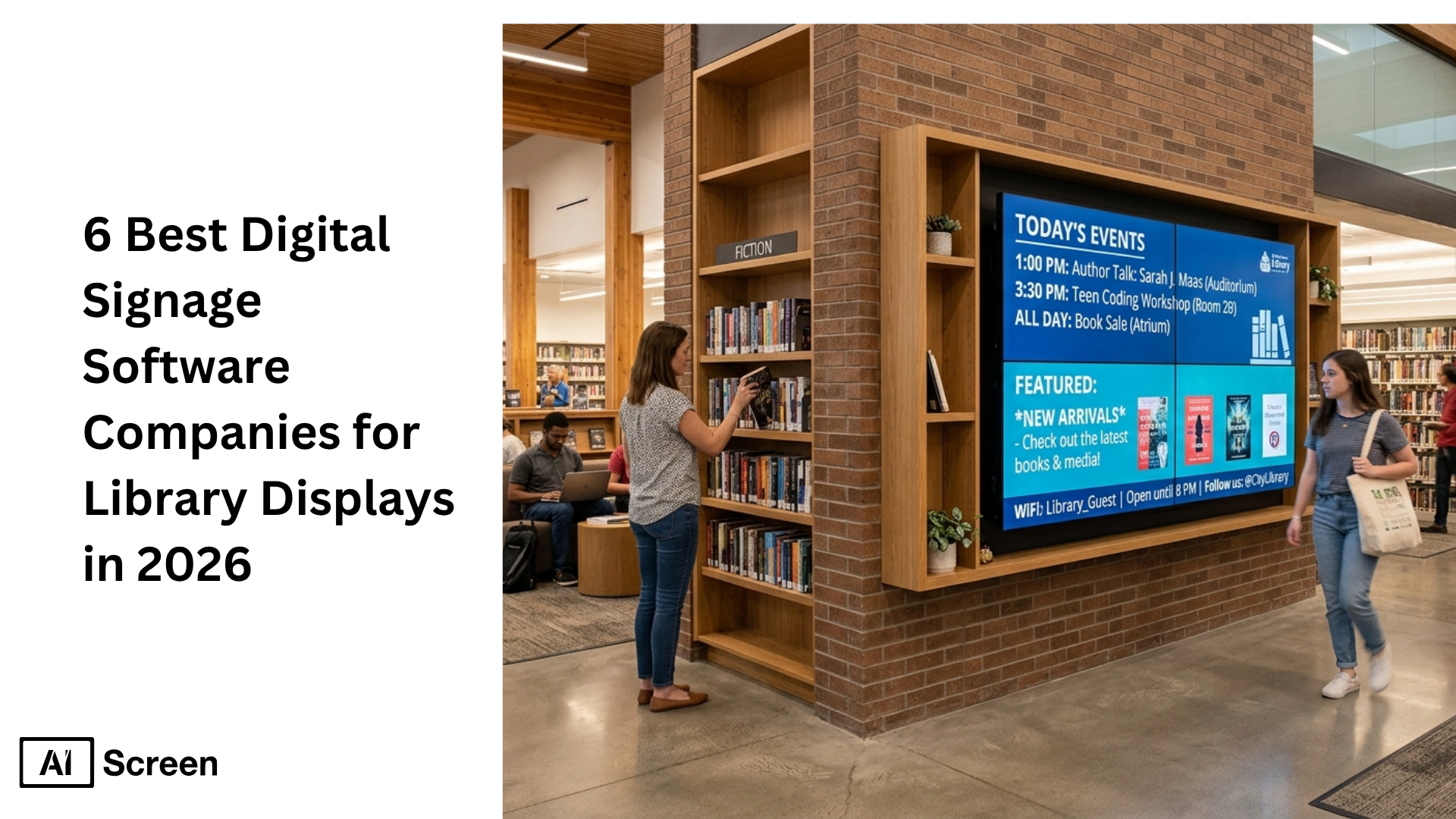 6 Best Digital Signage Software Companies for Library Displays in 2026 1 public library digital screens with announcements and promotional content