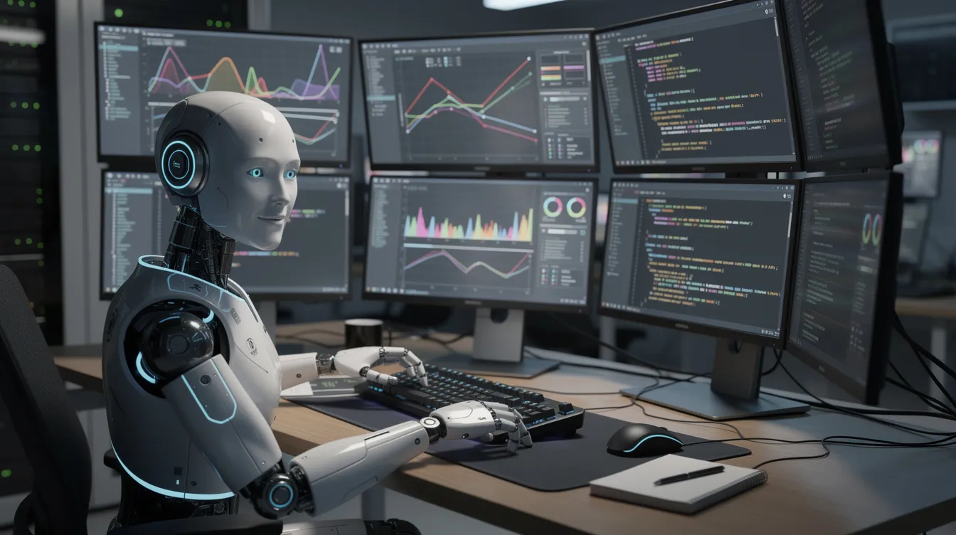 The image depicts a robot assistant, resembling an autonomous AI agent, sitting at a desk surrounded by multiple computer screens displaying various charts and lines of code, indicative of a multi-agent system in action. This setup highlights the integration of AI systems and tool use in a collaborative environment, emphasizing the role of agentic AI in modern technology.