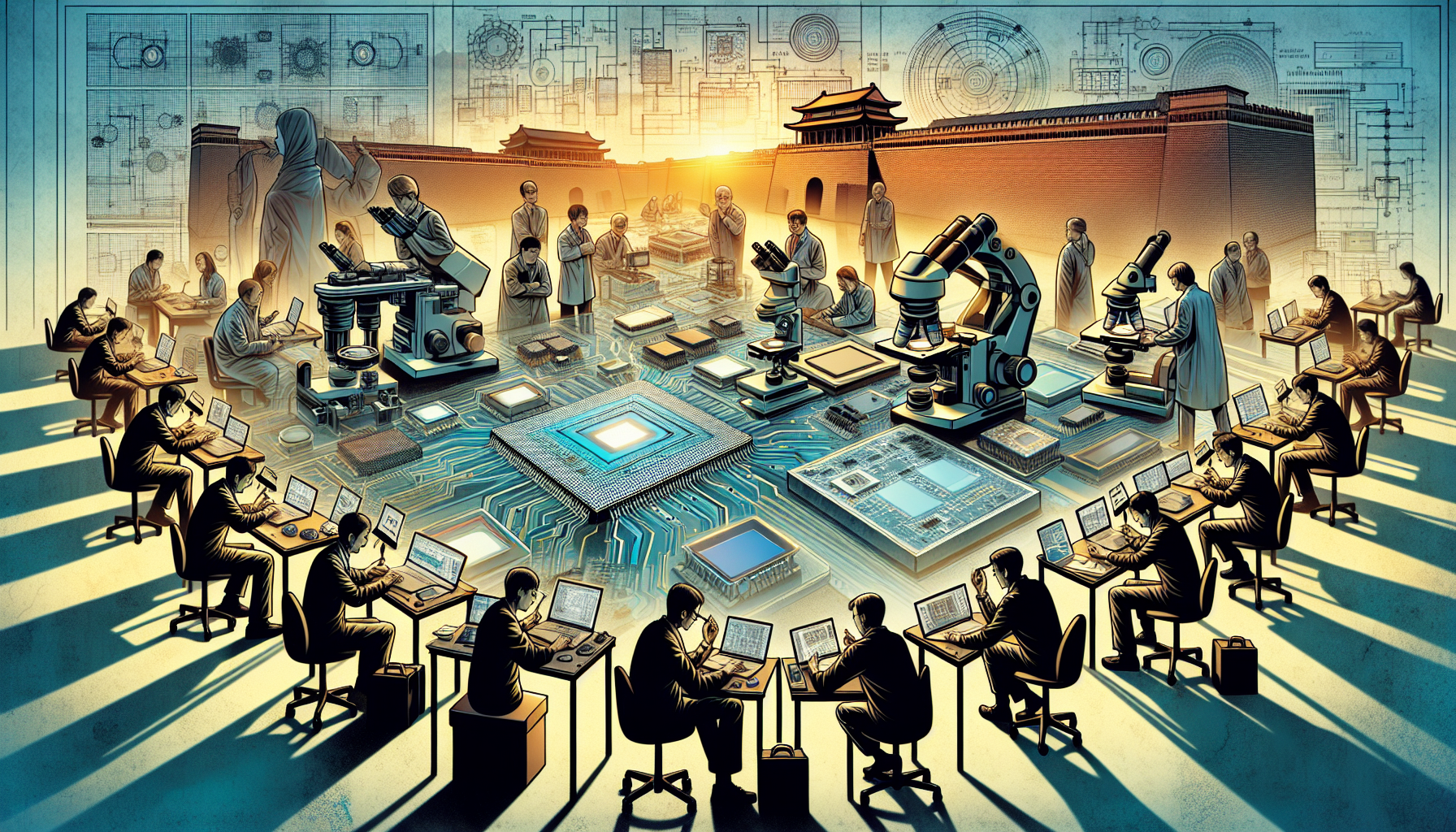 Illustration of researchers working on semiconductor technology