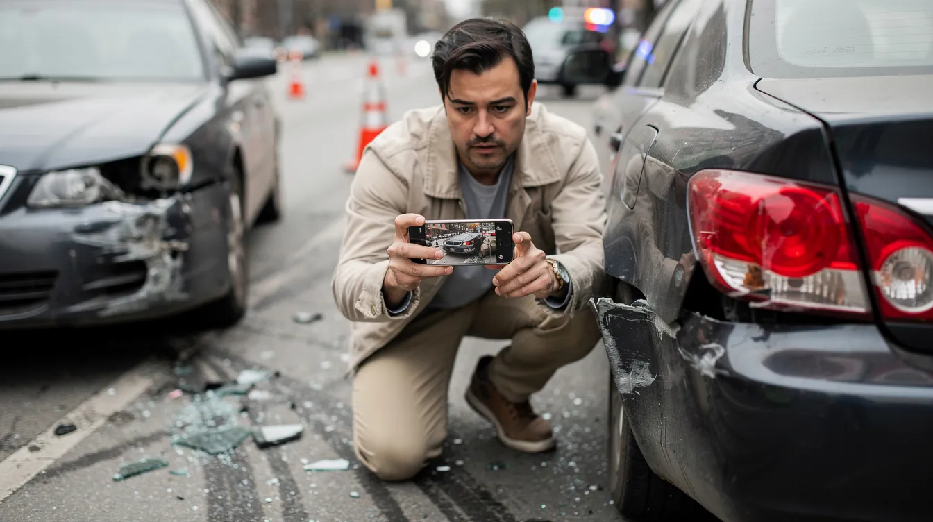 A person is photographing the damage to a leased vehicle at the scene of a car accident, likely for insurance purposes. The image captures the vehicle's exterior, highlighting the visible property damage as the individual prepares to document details for the insurance claim process.