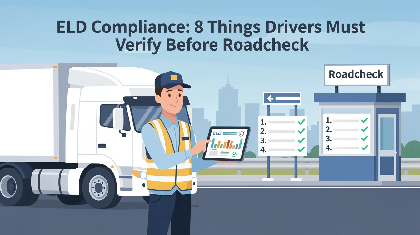 ELD Compliance: 8 Things Drivers Must Verify Before Roadcheck The image illustrates a checklist for drivers, highlighting key areas to verify for ELD compliance before the CVSA roadcheck, including hours of service logs, vehicle maintenance, and driver credentials. It emphasizes the importance of ensuring that commercial vehicles are free from out of service violations and properly secured cargo to maintain safety during roadside inspections.