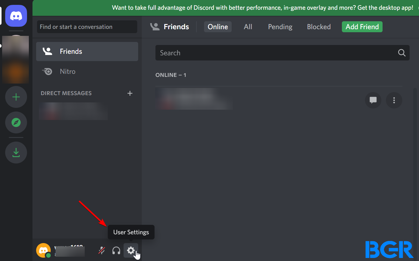 Click on user settings at the bottom of the screen to add an invisible discord name.