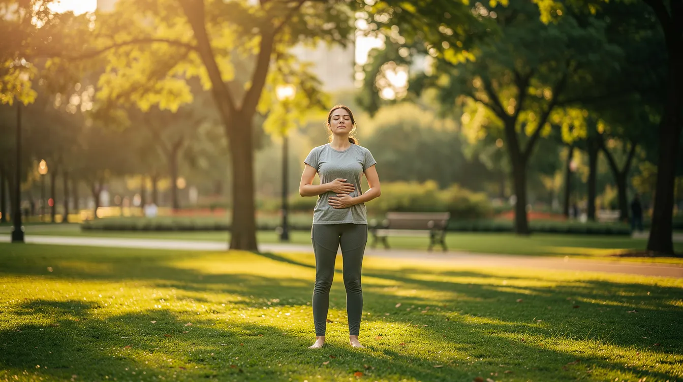 A person is practicing deep breathing exercises in a serene park setting, surrounded by greenery, to manage overthinking and reduce anxiety symptoms. This mindfulness technique helps them gain perspective and find relief from racing thoughts and negative feelings in their daily life.