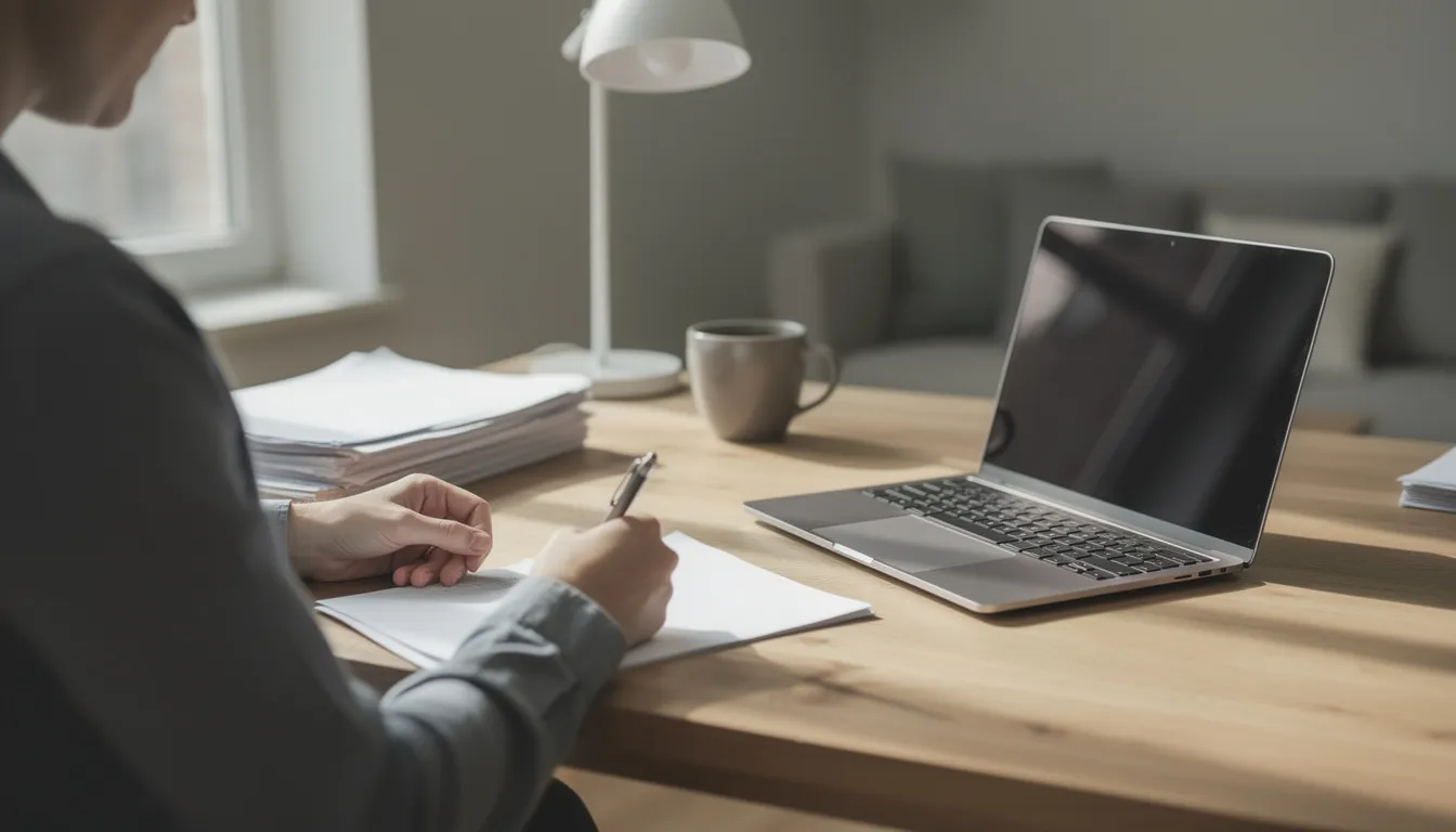 The image shows a person sitting at a desk, focused on writing while using a laptop, with a stack of papers beside them. This scene captures the essence of planning and organization, possibly related to managing retirement accounts and understanding required minimum distributions (RMD) rules.