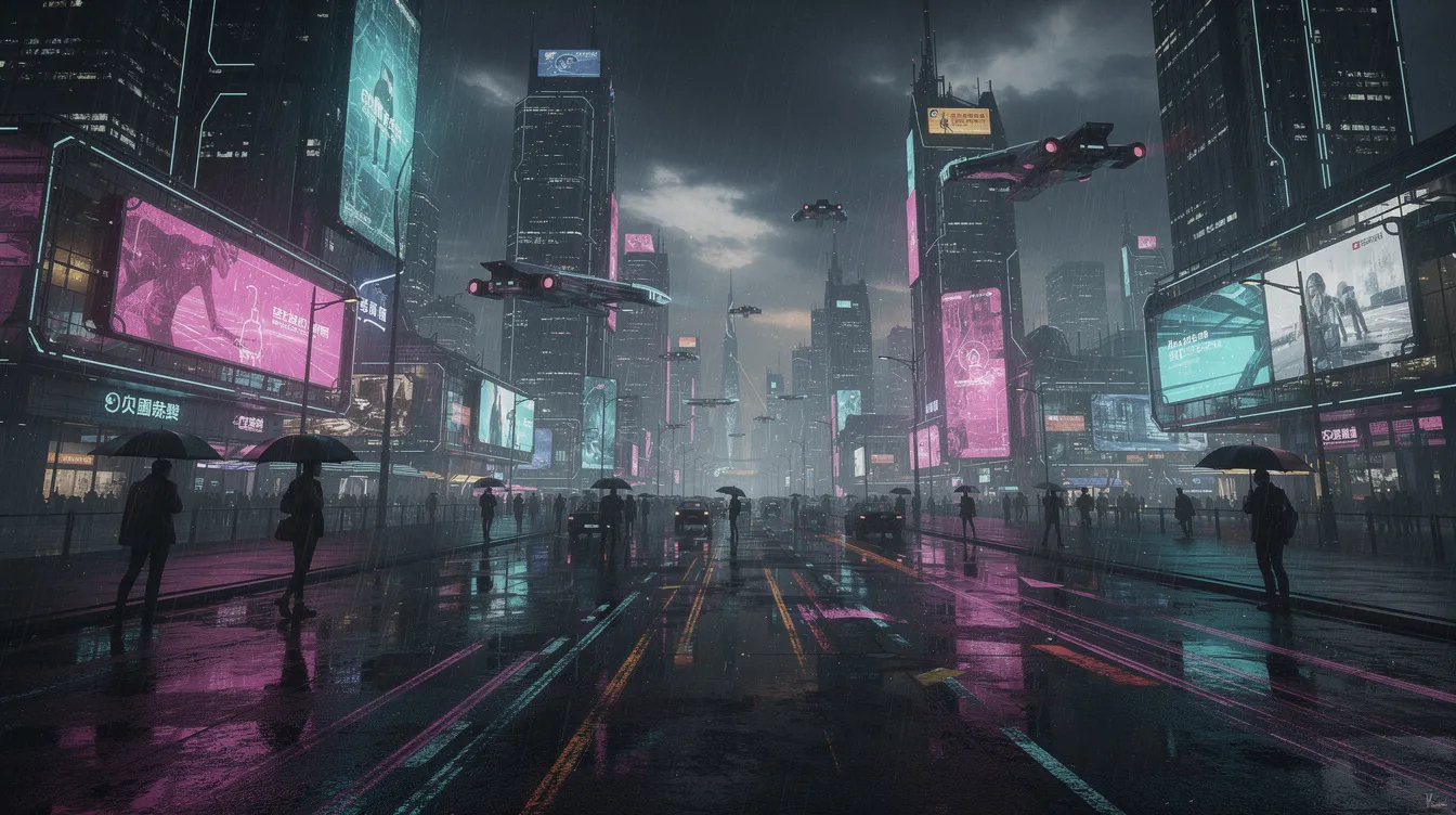 Die futuristische Großstadt bei Nacht zeigt riesige, beleuchtete Gebäude, während Neonlichter sich auf den nassen Straßen spiegeln und Regen fällt. Fliegende Fahrzeuge durchqueren den Himmel, was an die visuelle Ästhetik von Science-Fiction-Filmen wie "Blade Runner" erinnert, dessen Regisseur Ridley Scott für solche beeindruckenden Szenen bekannt ist.