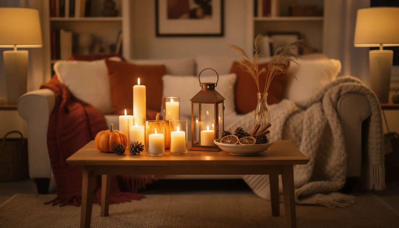 The image depicts a cozy living room featuring a coffee table adorned with seasonal decorations, flickering candles, and soft throw blankets, creating a warm and inviting atmosphere perfect for enjoying a curated box of self-care goodies or local treats from Canadian small businesses. The scene embodies comfort and relaxation, ideal for a monthly subscription experience.