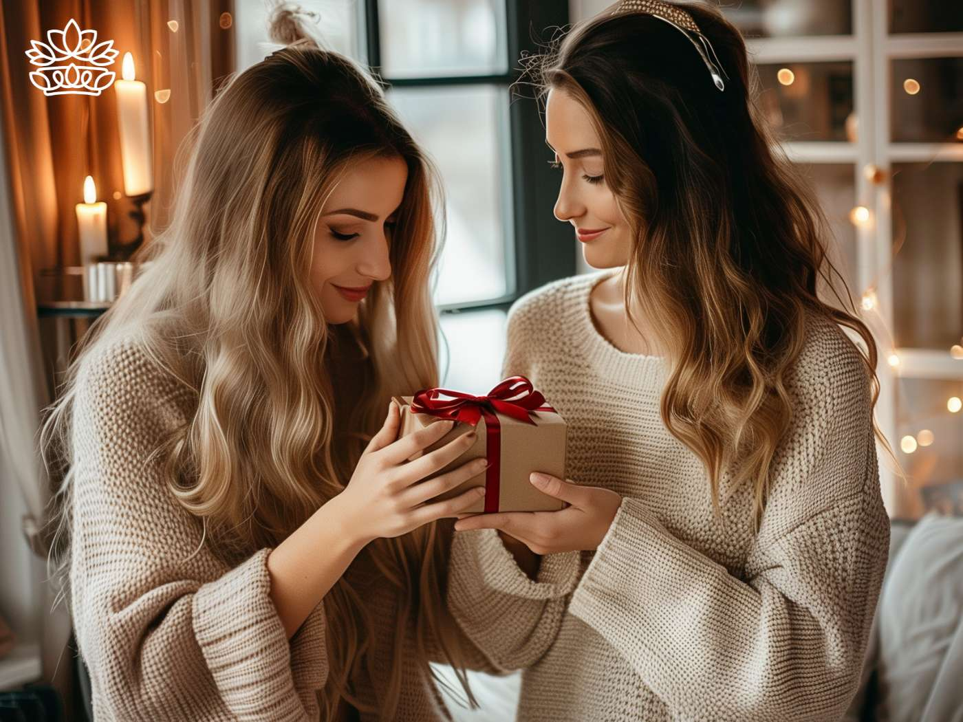 A tender moment as one woman presents her partner with a gift box tied with a red ribbon, encapsulating the spirit of giving synonymous with Fabulous Flowers and Gifts.