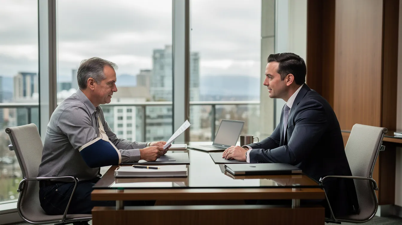 In a modern Seattle law office, a well-dressed attorney consults with an injured client wearing an arm sling, as they review documents on a clean desk. The soft natural light from a large window highlights the calm and professional atmosphere, emphasizing the trust and guidance offered by experienced truck accident attorneys.