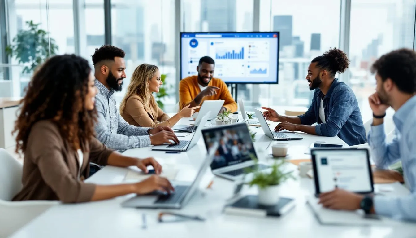 A diverse team collaborates around a modern workspace, utilizing laptops and mobile devices to engage with various social media platforms. They are focused on developing effective social media management strategies to enhance their brand's online presence and increase community involvement.