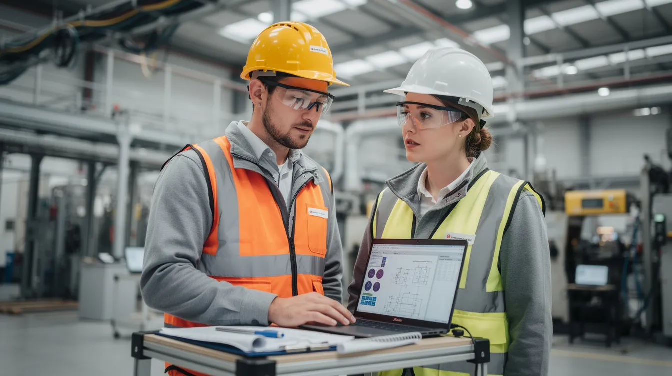 The image shows two engineers intently reviewing technical documents on a laptop in an industrial environment, likely discussing aspects related to research and development (R&D) tax credits and qualified research expenses. Their focused expressions suggest they are engaged in a detailed analysis of documents that may include information on eligible expenditures and technological advancements.