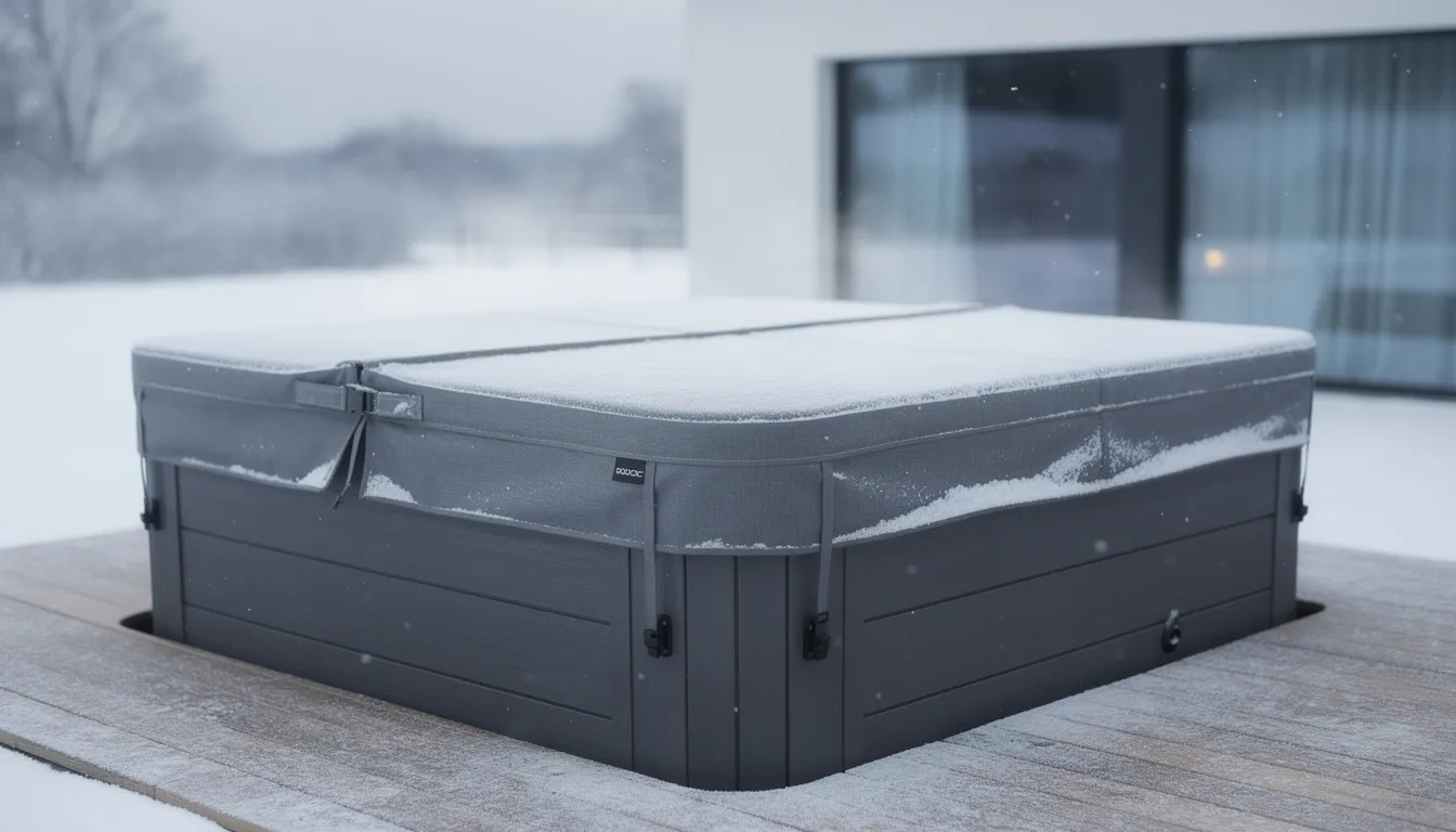 Une couverture spa rigide posée sur un jacuzzi extérieur avec une légère couche de neige