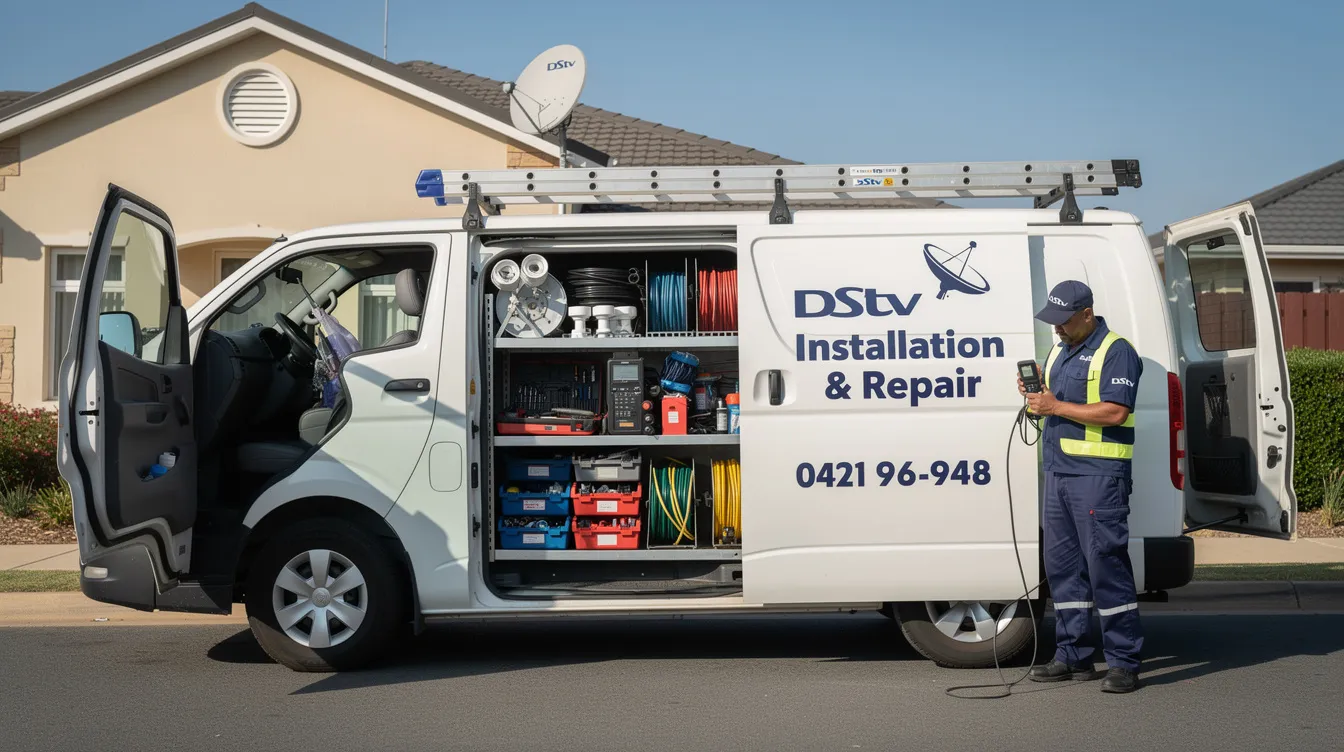 A technician's service vehicle is fully equipped with DStv repair tools and satellite equipment, ready for deployment to provide professional DStv installation services. The vehicle is designed to ensure optimal signal quality and efficient repairs for satellite dishes and decoders.