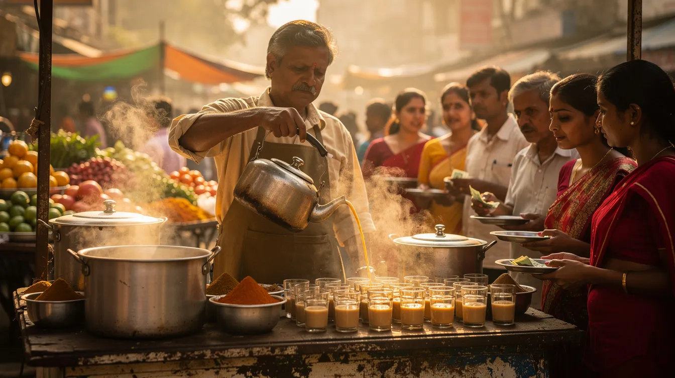 ed670c2a 816a 4e96 87b6 581b662e5c74 The image depicts a bustling Indian chai stall where a vendor skillfully pours steaming masala chai into small glasses, surrounded by eager customers in a lively morning market. This scene highlights the vibrant tea culture in India, showcasing the tea stall business as a popular and profitable venture for tea lovers.