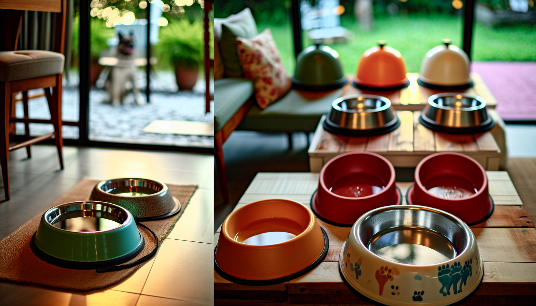 Multiple water bowls placed indoors and outdoors for dogs