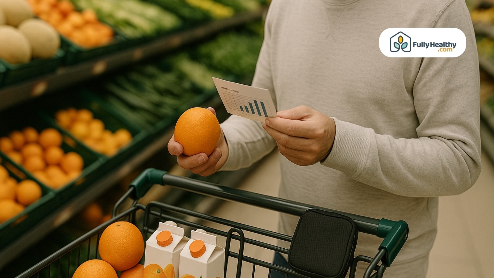 Person holding an orange and a chart while grocery shopping in produce aisle