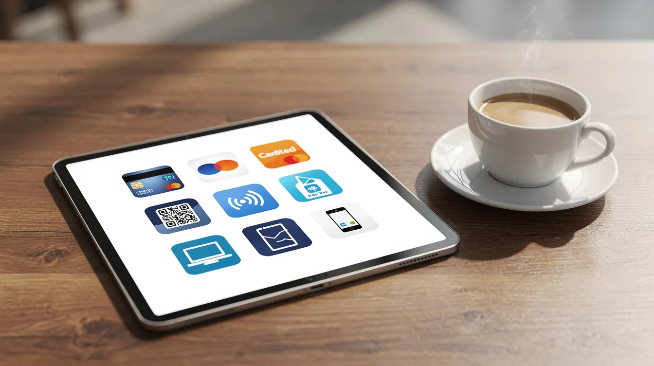 The image features various digital payment method logos displayed on a tablet screen, accompanied by a cup of coffee, all set on a wooden desk. This setup highlights trusted payment methods often used in online casinos, including those that accept PayPal for seamless transactions.