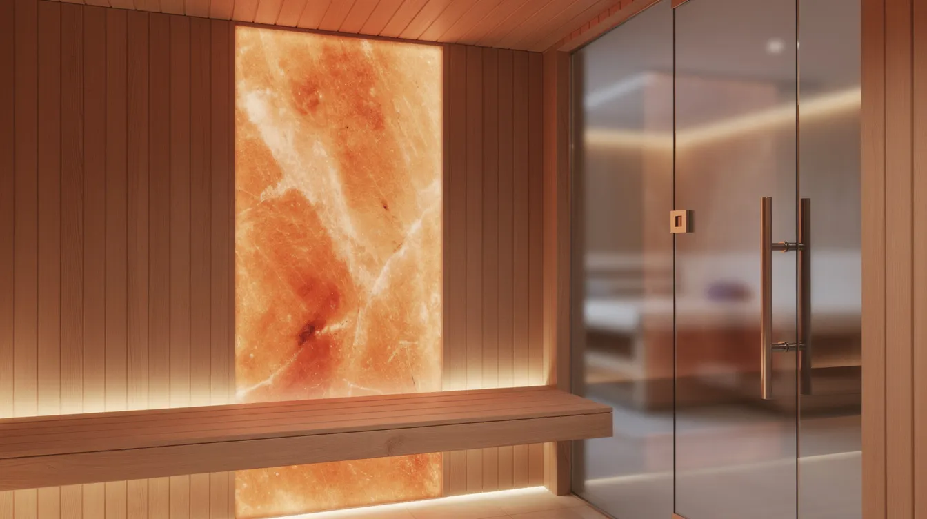 Modern sauna bench in front of illuminated Himalayan salt wall