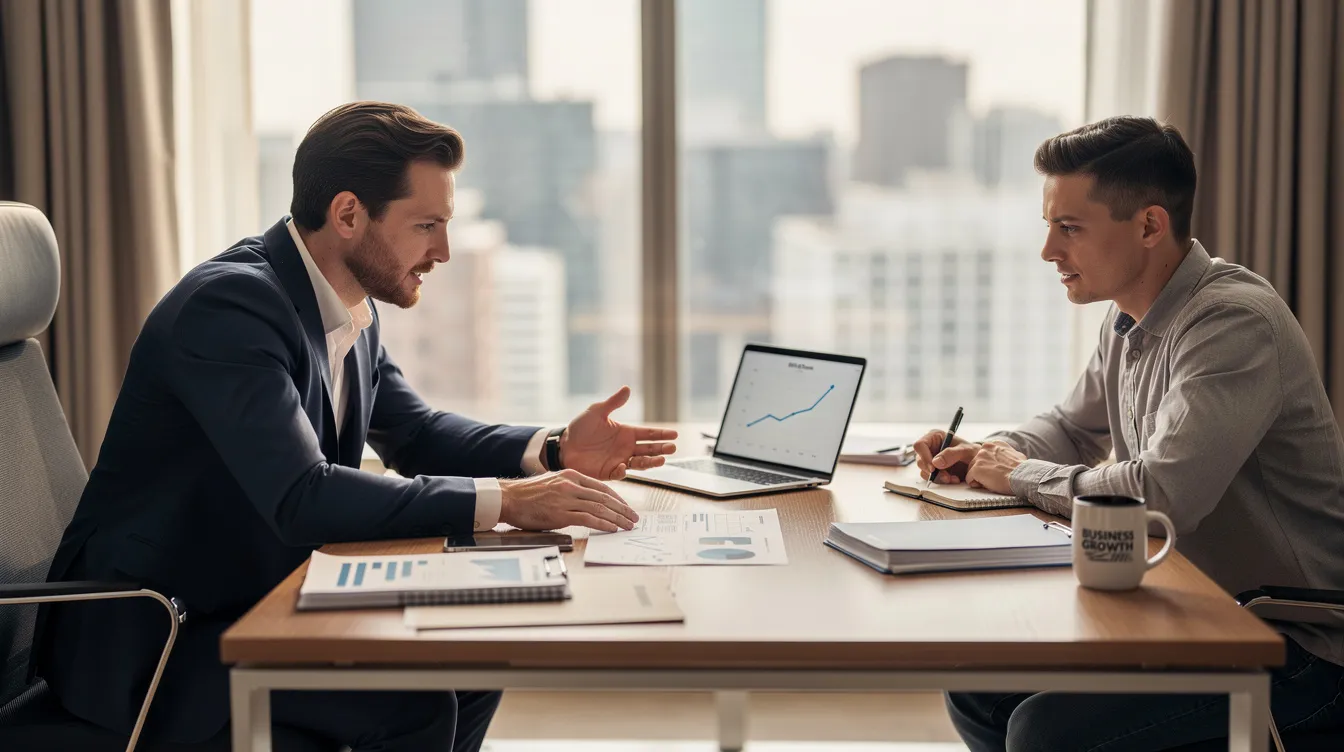 ed6df988 452e 4350 9f98 023d8e3e09de A professional advisor is seated across a desk from a small business owner, discussing strategies for business growth and financial assistance options, including mudra loans and business loans. They are reviewing the owner's satisfactory credit track record and previous loans to formulate a solid business plan for future success.