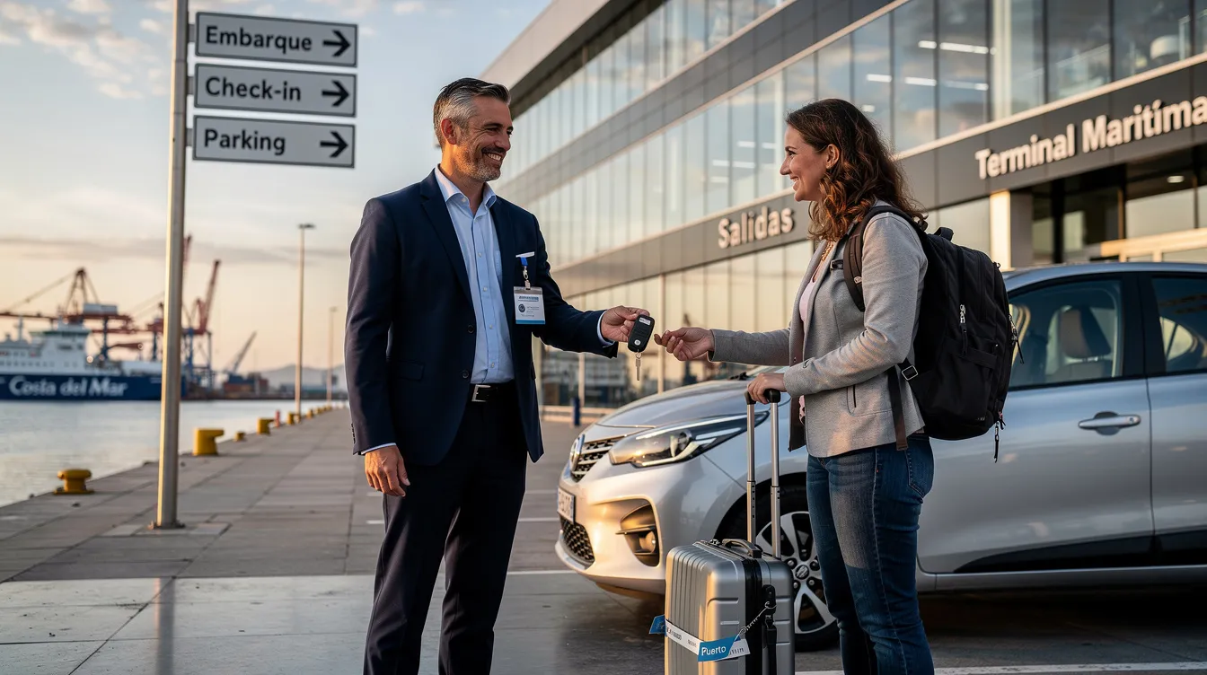Un agent remet les clés d'une voiture compacte à un voyageur près d'un terminal portuaire.