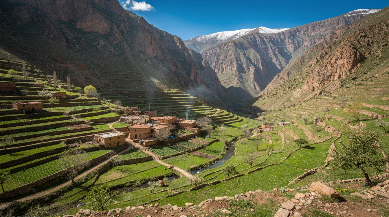 A lush green valley in the High Atlas Mountains features terraced fields and a small Berber village nestled among rocky peaks, showcasing the stunning natural beauty of Morocco. This picturesque landscape is an ideal destination for those looking to explore the rich culture and history of the region while enjoying the pleasant summer weather.