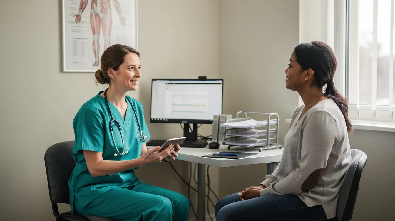 A medical professional in scrubs is having a discussion with a patient in a consultation room, likely addressing options for cosmetic procedures such as breast augmentation or eyelid surgery. They may also be discussing financing options, including monthly payment plans and credit approval, to help cover the costs of plastic surgery.